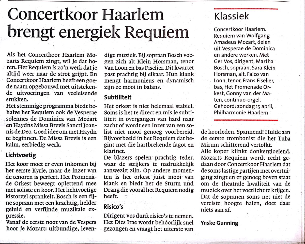 CKHaarlem's tweet photo. Dank aan onze trouwe bezoekers en fans voor jullie komst verleden zondag en de vele enthousiaste reacties op de uitvoering van Mozarts Requiem! Graag tot de volgende keer, #StabatMater van Antonin #Dvorcak op 2 dec 2018. Bijgesloten de recensie van het #hdhaarlem https://t.co/20Yt1BTRlm