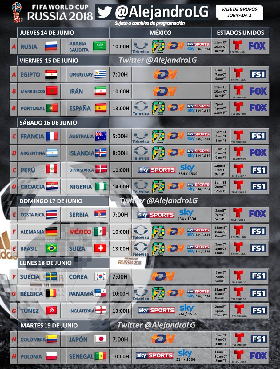 AlejandroLG's tweet photo. 🔃RT CALENDARIO RUSIA 2018 ⚽️���🇺
🕛HORARIOS| TRANSMISIÓN TV📡🇲🇽 MÉXICO y 🇺🇸EE.UU. 
*Sujeto a cambios https://t.co/vUDB4osIq0