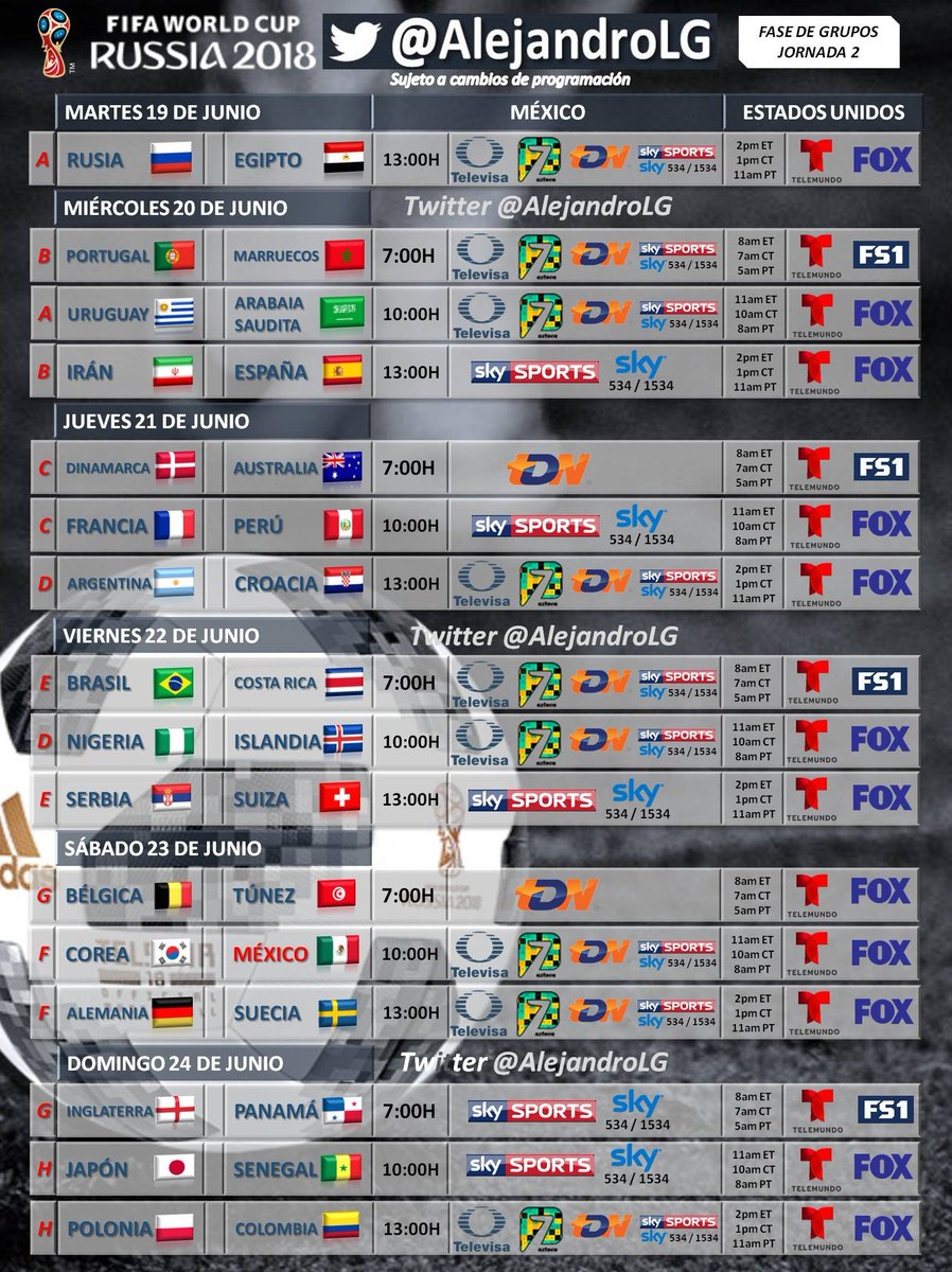 AlejandroLG's tweet photo. 🔃RT CALENDARIO RUSIA 2018 ⚽️���🇺
🕛HORARIOS| TRANSMISIÓN TV📡🇲🇽 MÉXICO y 🇺🇸EE.UU. 
*Sujeto a cambios https://t.co/vUDB4osIq0