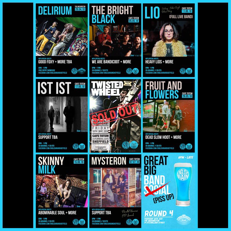 EnglishRainUK's tweet photo. ✦ UPCOMING GIGS ✦

Check out our upcoming gigs and events over the next couple of months with plenty more still to be announced, including our Tramlines stages. Keep an eye out and get down to one of these. 👇👌 https://t.co/Refe4nTpfB