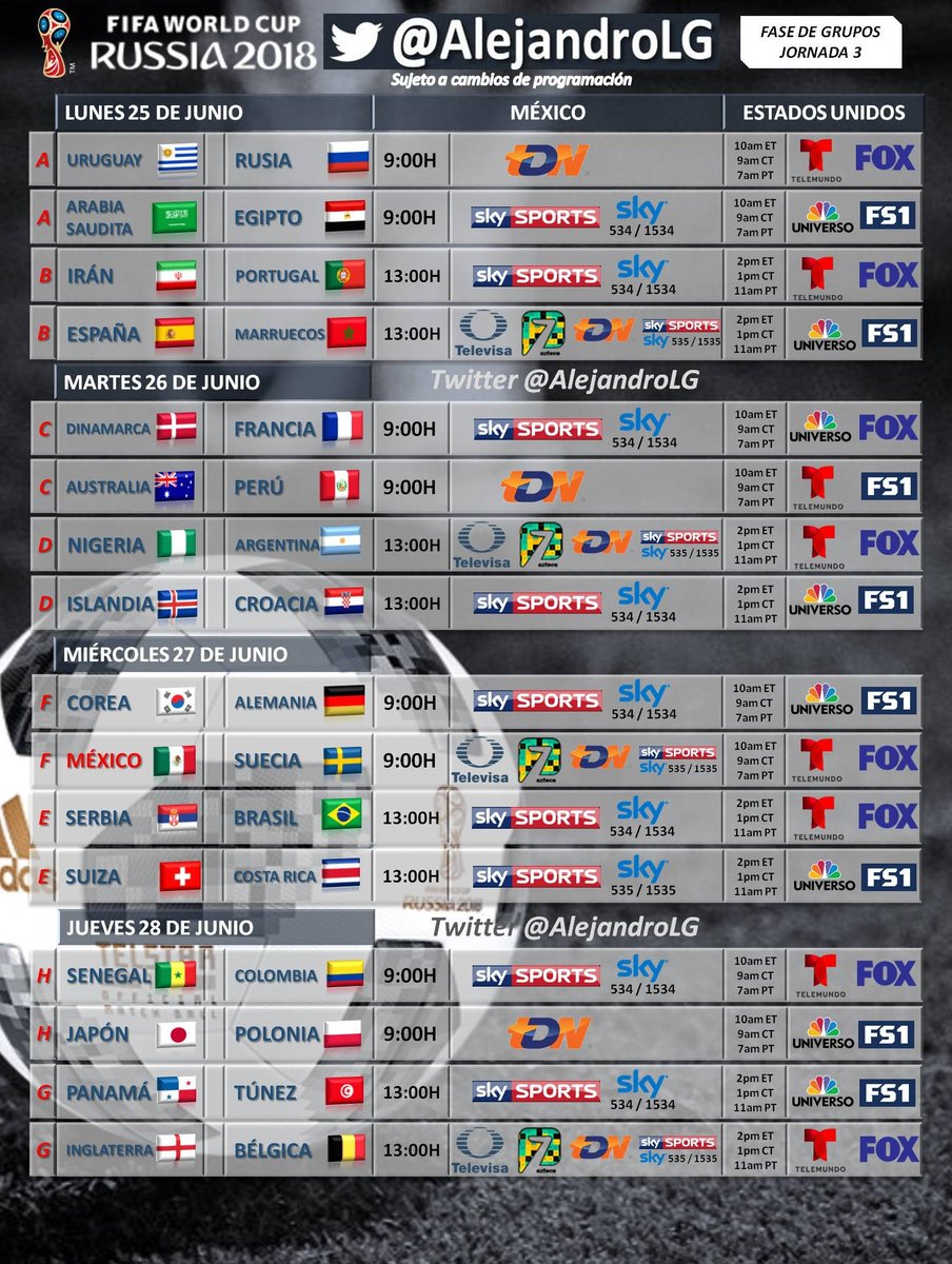 AlejandroLG's tweet photo. 🔃RT CALENDARIO RUSIA 2018 ⚽️���🇺
🕛HORARIOS| TRANSMISIÓN TV📡🇲🇽 MÉXICO y 🇺🇸EE.UU. 
*Sujeto a cambios https://t.co/vUDB4osIq0