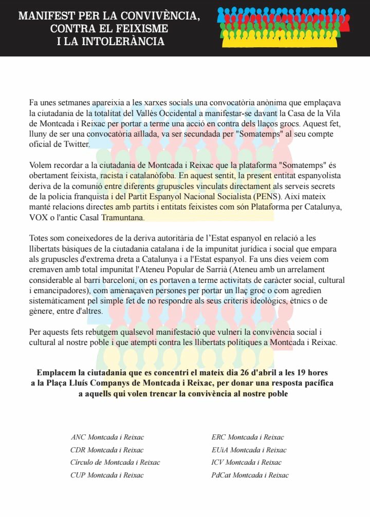 CUP_MiR's tweet photo. ▶️#Montcada PER LA CONVIVÈNCIA, CONTRA EL FEIXISME I LA INTOLERÀNCIA. @cupnacional #cupmir
#niunpasenrere #llibertat #democràcia
👨👩👦👦CONCENTRACIÓ👨👩👦👦
🗓️26 abril
🕡19.00h
📌Plaça Lluís Companys https://t.co/QHh9L3B5yn