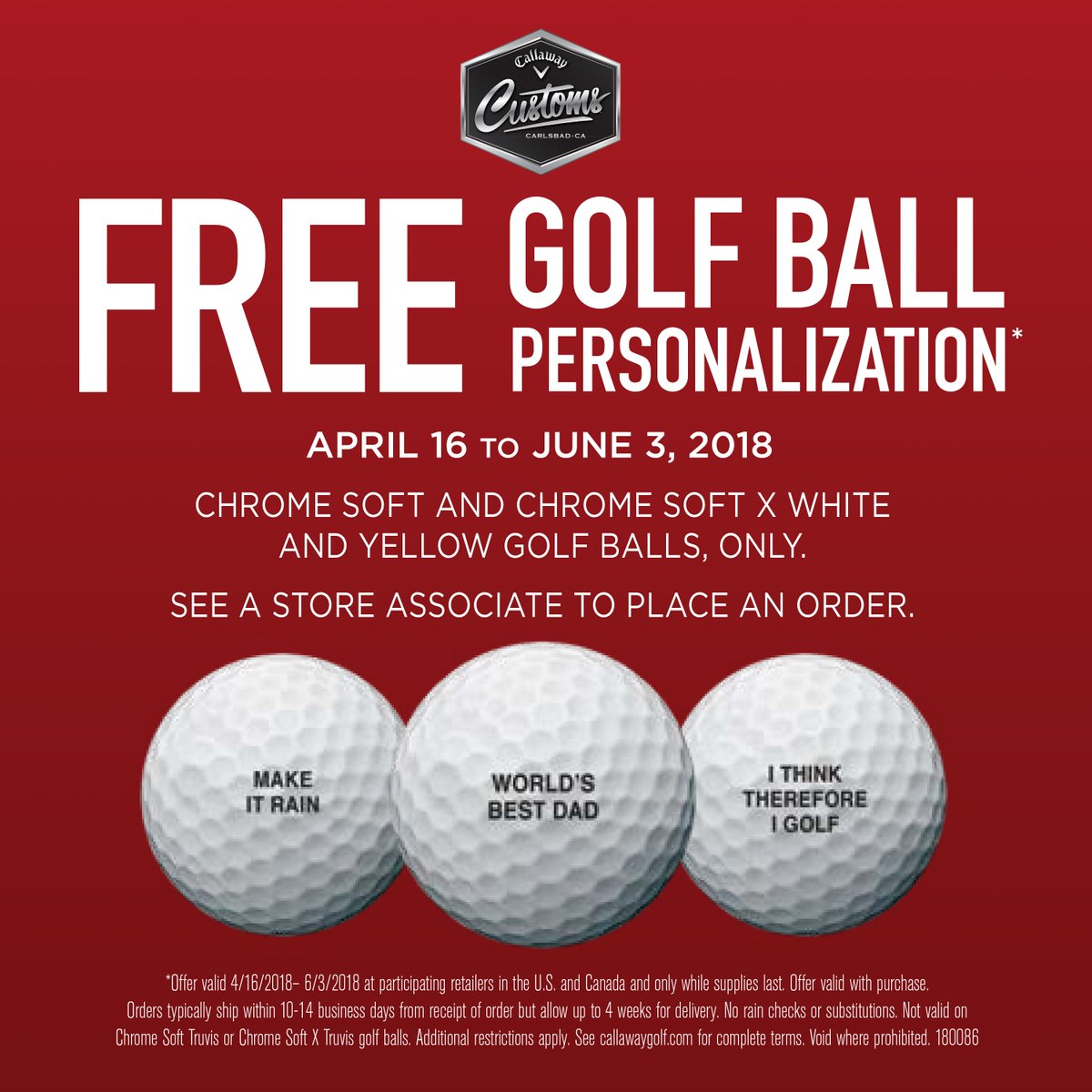 The <a href="/DerrickProShop/">Derrick Pro Shop</a> is offering free personalization on Chrome Soft &amp; Chrome Soft X white &amp; yellow golf balls from now until June 3rd! #DerrickGolf #ChromeSoft