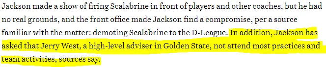 REASON 5: This one should ring especially loud to  @scmills and  @boxand21: Jackson insisted that Jerry West, architect of the current Warriors powerhouse, stay away from practices. Mills and Perry were consistently around the team this year.(via  http://grantland.com/the-triangle/the-silver-hammer-the-banning-of-donald-sterling-and-unrest-in-these-playoffs/)