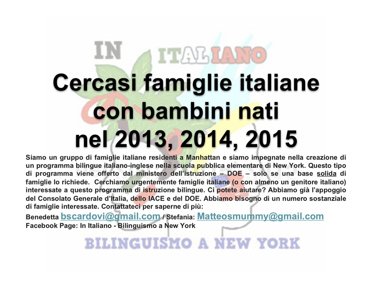 Matteosmummy's tweet photo. Cerchiamo ancora famiglie interessate al DL - pls share #InItaliano #DLforAll @ItalyinNY @BeneScaMou @FabriceJaumont @BettinaStaudt @GlpBrooklyn https://t.co/xCd8OFkZHg