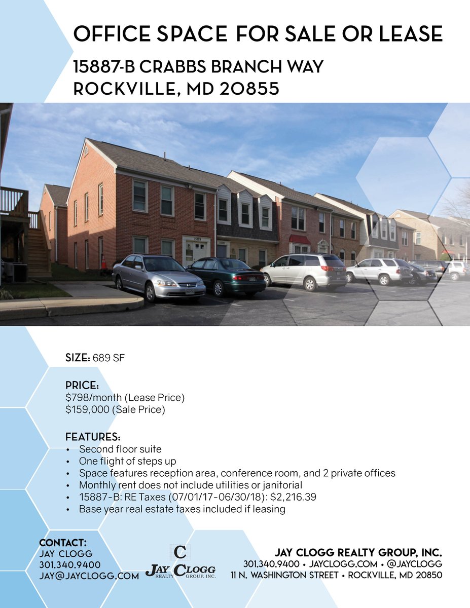 Recently Reduced #Office #Space for #SALE or #LEASE! | #Rockville, #MD
Space features reception area, conference room, and 2 private offices. 301-340-9400 or JayClogg.com | 

#cre #realestate #commercialrealestate #dc #moco #rent #buy #sell #property #commercial #jcrg