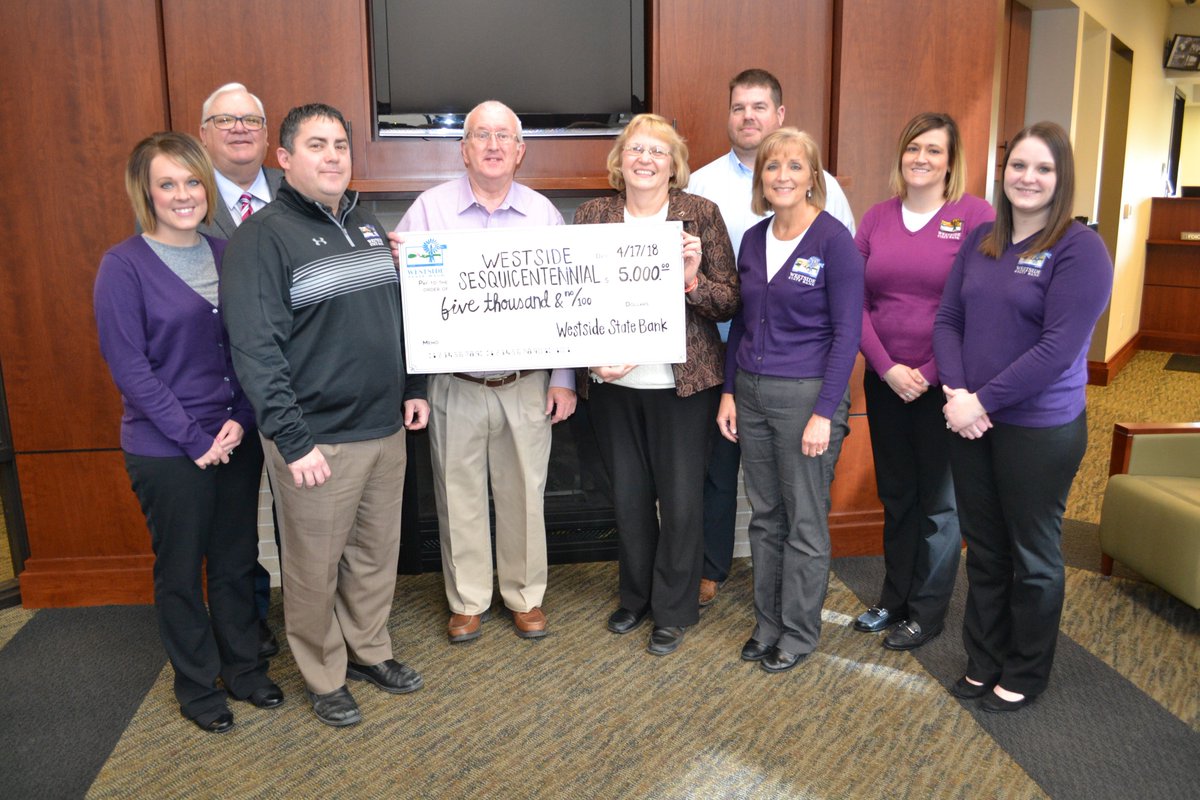 WestsideStBank's tweet photo. WSB enters in to the Sesquicentennial spirit by presenting $5000 to Janine Kock, a member of the Westside Sesquicentennial Central Committee. We are proud to be an active part of the communities we serve! #banklocal #commmunitybank #givingback https://t.co/6LXIeb9FKR