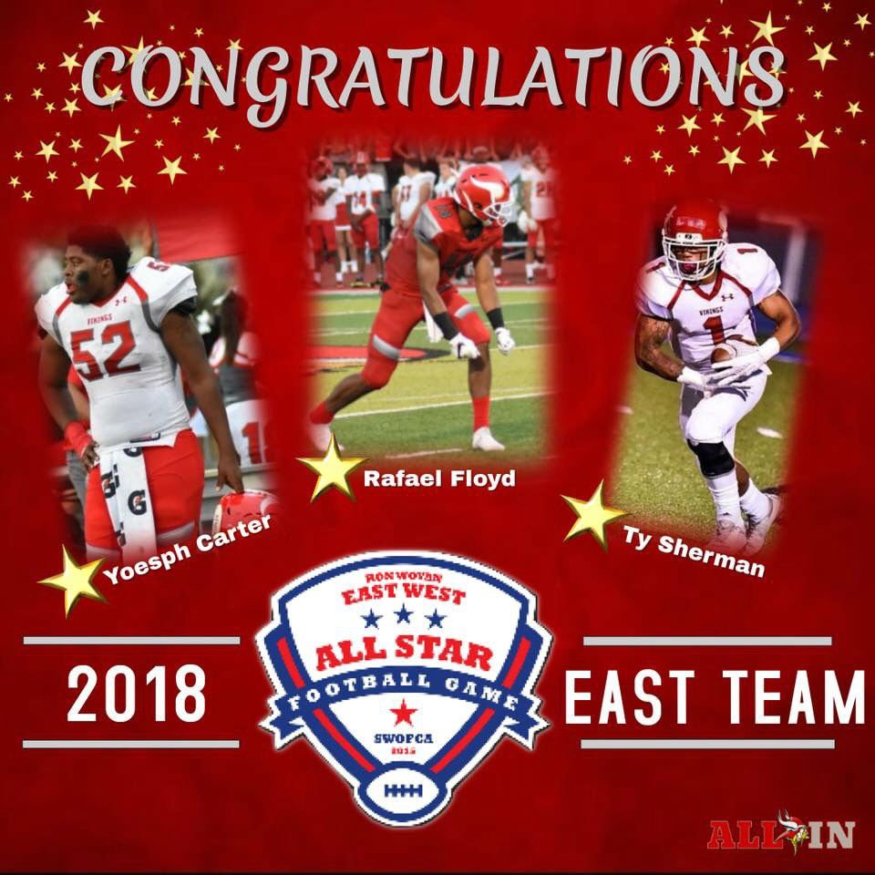 PCSDViking's tweet photo. Congrats to Rafael Floyd, Yoesph Carter & Ty Sherman for making the Southwest Ohio Football Coaches Association Ron Woyan East/West All-Star Game! #VikeDiff https://t.co/4NxphnJ1rJ