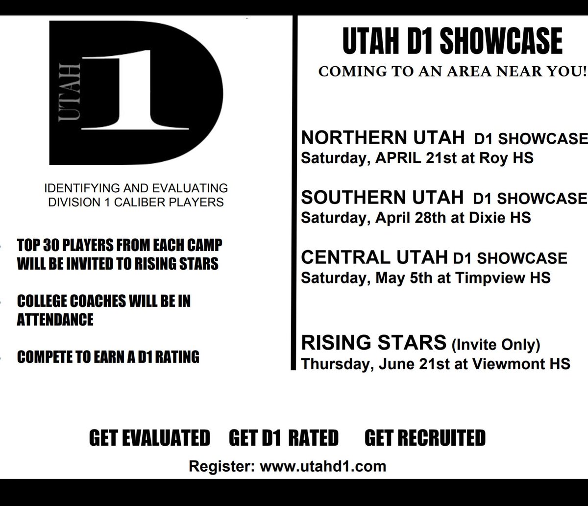 UtahD1Athletes's tweet photo. In 3 DAYS we'll be hosting the Northern Utah D1 Showcase! 

Join former Utah &amp; Weber State Head Coach, Ron McBride, &amp; legendary NFL Coach (WRs), Fred Graves this Saturday at Roy HS! #D1Plan

📝: https://t.co/j49Spzgq6F https://t.co/jwWksRK8AM