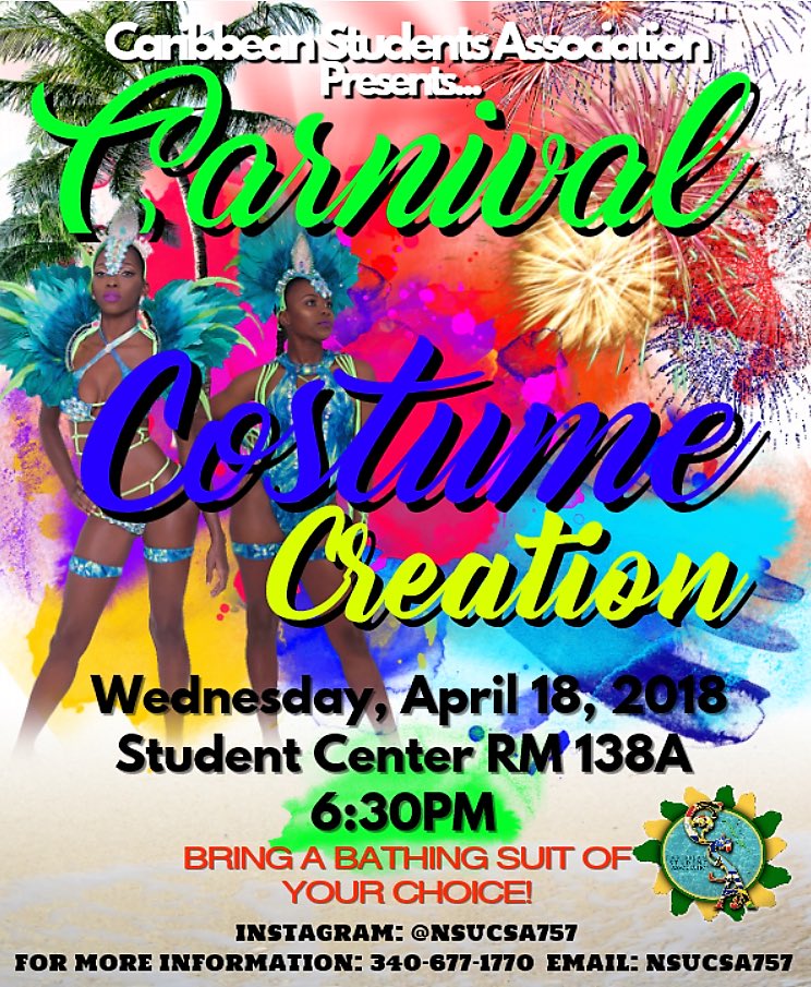 troyvybz_'s tweet photo. The Caribbean Student Association is having a DIY Carnival Costume Creation Event Today in the Student Center Room 138A. Bring a bathing suit of your choice to decorate. #NSU #NSUCSA #AAWIO https://t.co/f0a54g1aXN