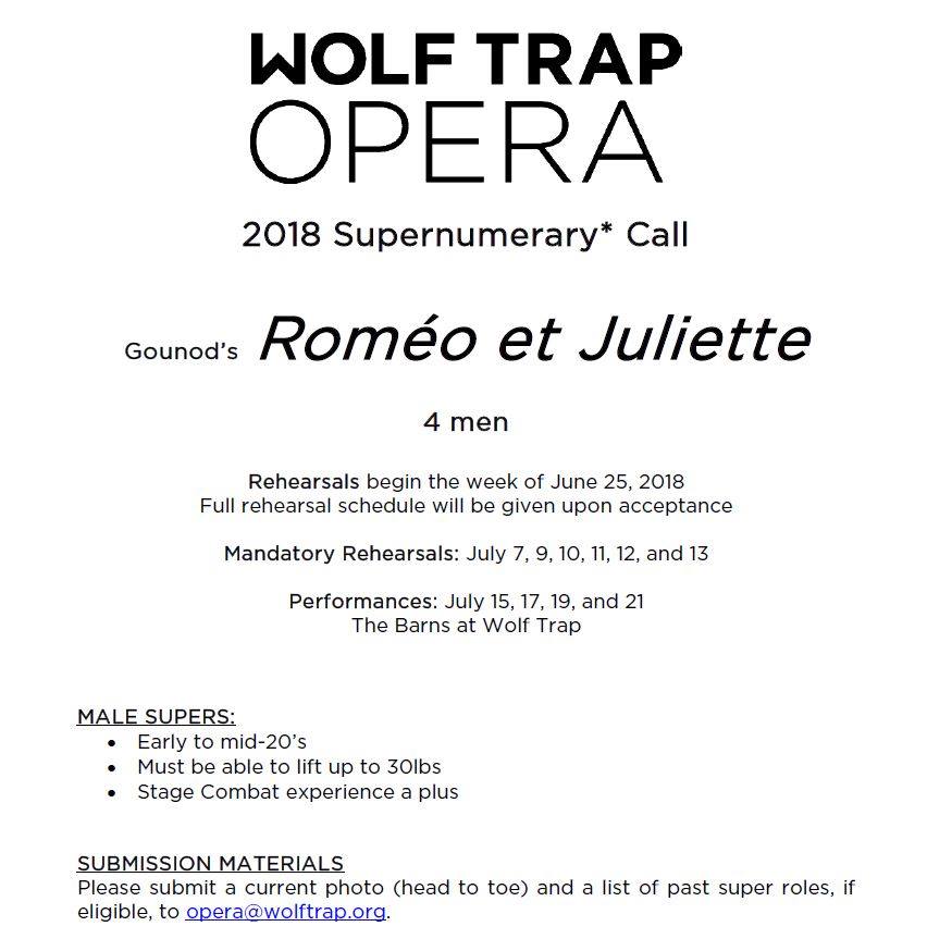 WolfTrapOpera's tweet image. have you ever wanted the chance to be on stage at @Wolf_Trap? Here's your chance! We need supernumeraries for TWO of our shows this season. Send us your photo for a shot at being on the big stage! #opera #WTO2018