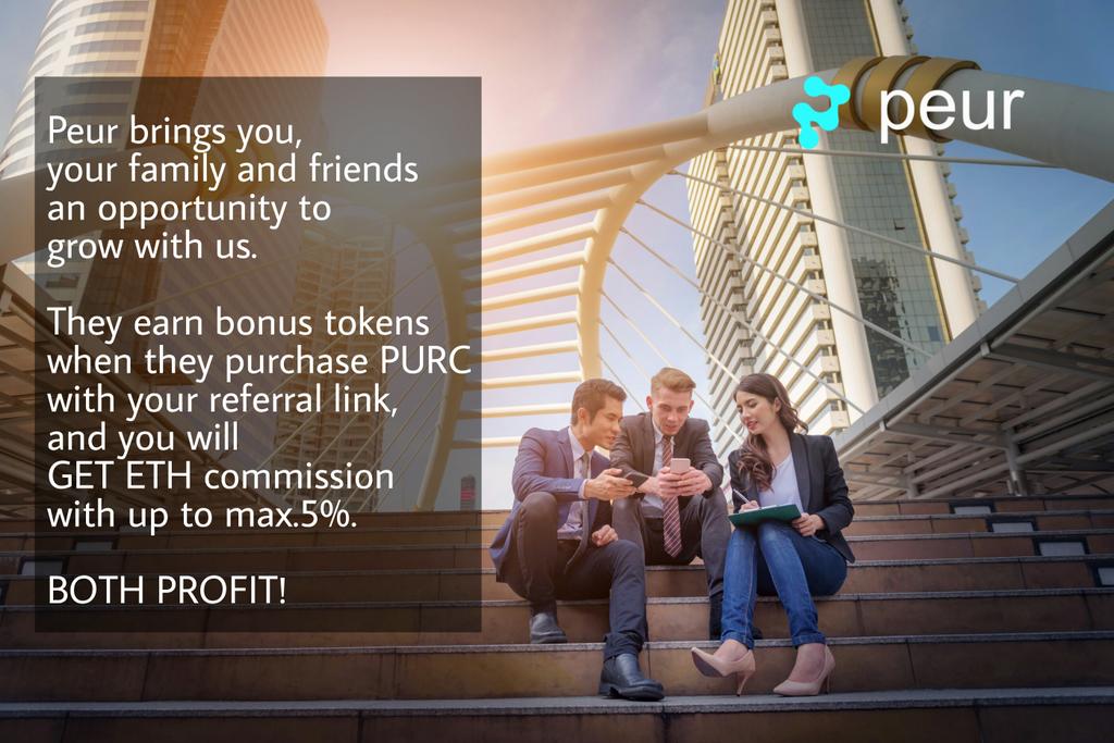 Peurtoken's tweet photo. Do you know we have a referral program?
https://t.co/oXIXJbYU9R brings you, your family and friends an opportunity to grow with us.
They earn bonus tokens when they purchase PURC with your referral link, and you GET ETH commission with up to max.5%.
BOTH PROFIT!
#peur #ICO https://t.co/YQfG9oPF0p