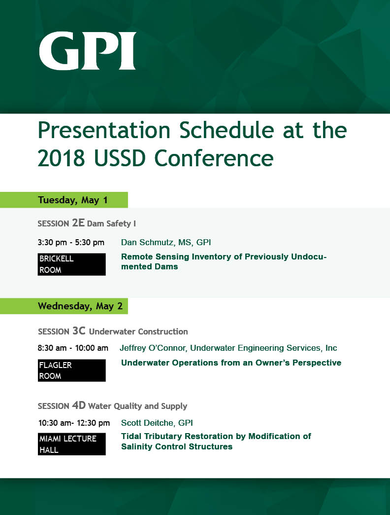 GPI_Florida's tweet photo. GPI's Scott Deitche and Dan Schmutz will be presenting at the US Society on Dams annual conference in 2 weeks. Jeffrey O'Connor from our affiliate UESI will also present. @GPI1966 https://t.co/mtP4DGp4LL