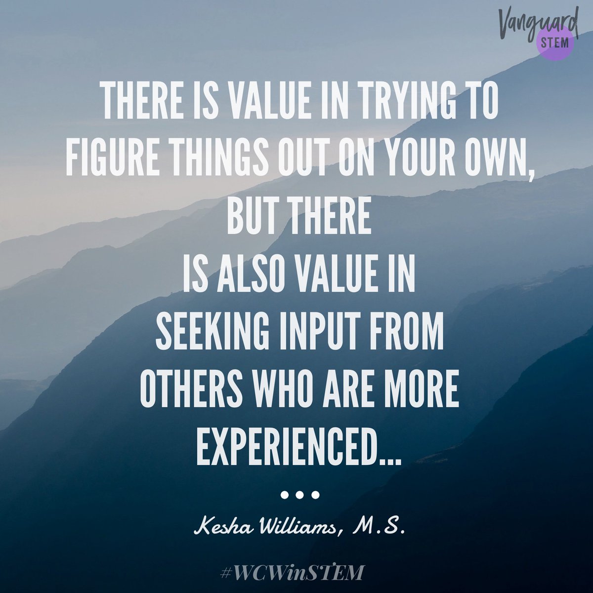 “It’s okay to ask for help when you don’t know the answer to a problem...There is value in trying to figure things out on your own, but there is also value in seeking input from others who are more experienced...” -- <a href="/KeshaWillz/">Kesha Williams</a> #WCWinSTEM conversations.vanguardstem.com/wcwinstem-kesh…