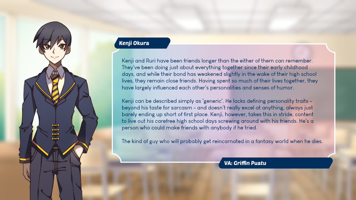 pajamapro's tweet photo. What's a dating sim-esque game without a childhood friend character? Meet Kenji Okura! #indiegame #visualnovel https://t.co/ED0bLDfIbD