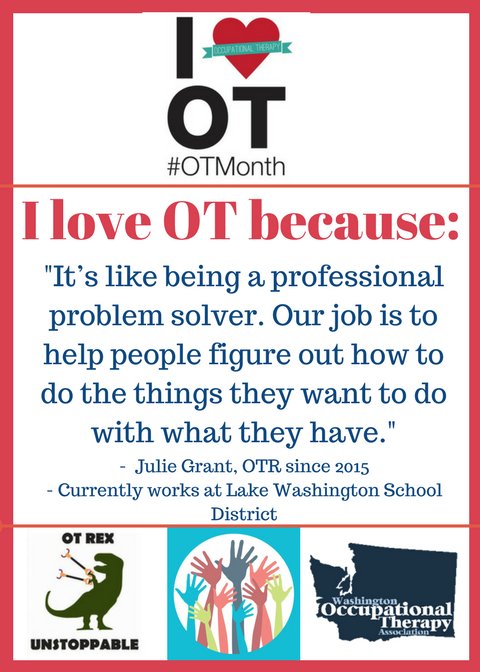 washingtonOT's tweet photo. Why do you love OT? Lake Washington School District OTR Julie Grant loves being an OT because, "It’s like being a professional problem solver. Our job is to help people figure out how to do the things they want to do with what they have." Share your reason below! #OTMonth https://t.co/8WHt01Aswd