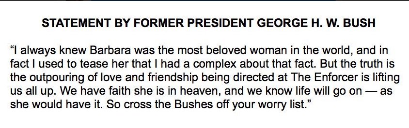 Former President George H.W. Bush releases statement on the passing of his beloved Barbara. https://t.co/fb85m1sfBk