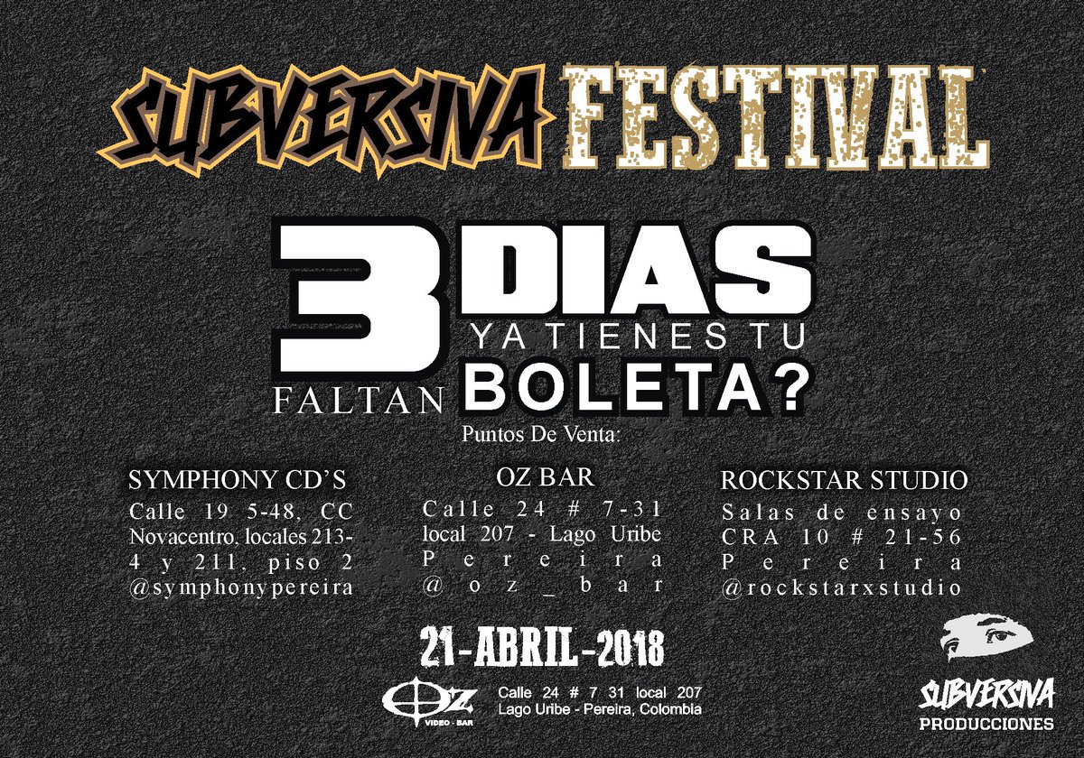 subversivaprod's tweet photo. Ya tienes tu boleta?
Adquiérela ya! 🤟🥁🎸🎤
Escríbenos al WhatsApp: 3152870538 - @subversivaprod
#Concierto #Rock #Metal #Pereira #Ozbar #Musica #MetalHead #Medium #Subversion #ToxicDevastation #Disillumination #Engendro #HeavyMetal #DeathMetal #ThrashMetal #Crossover https://t.co/ki63WD7rFe