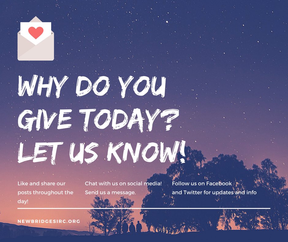 newbridgesirc's tweet photo. Why do you give today? Let us know! Like and share our posts on Facebook! Send us messages! Tweet at us! 💌
#HRCGC #PointClickGive #GCGive2018 https://t.co/Hrw6WhbiVG