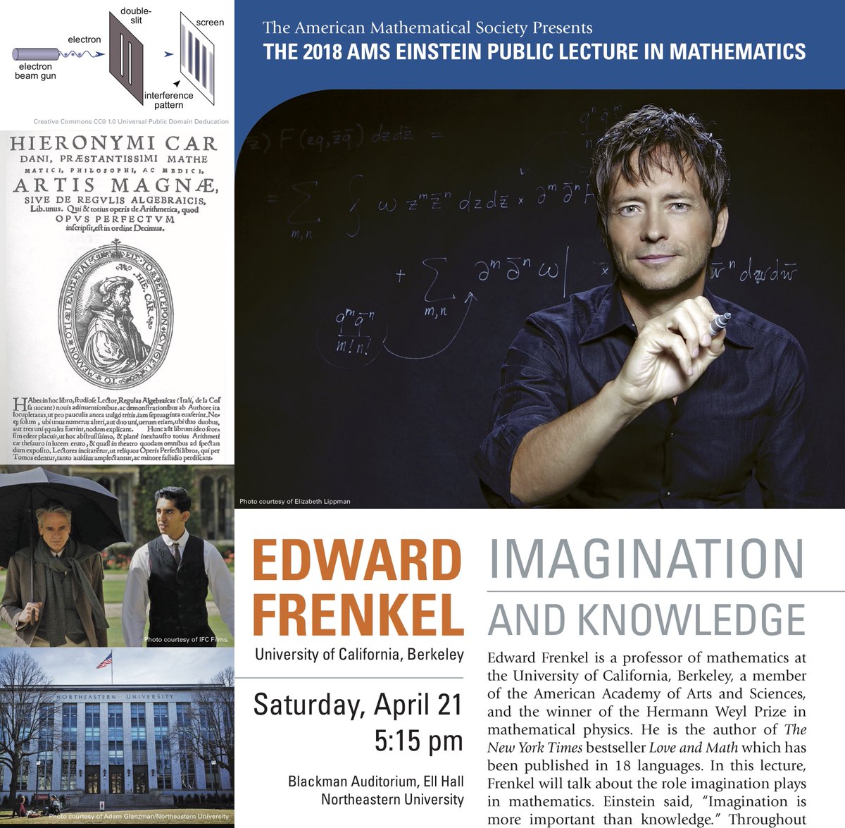 edfrenkel's tweet photo. Giving the Annual Einstein Public Lecture of @AmerMathSoc this Saturday, April 21, at @Northeastern U:
"Imagination and Knowledge"
Summary: https://t.co/EM8Ji09cWU
#loveandmath https://t.co/pQinRag0pi