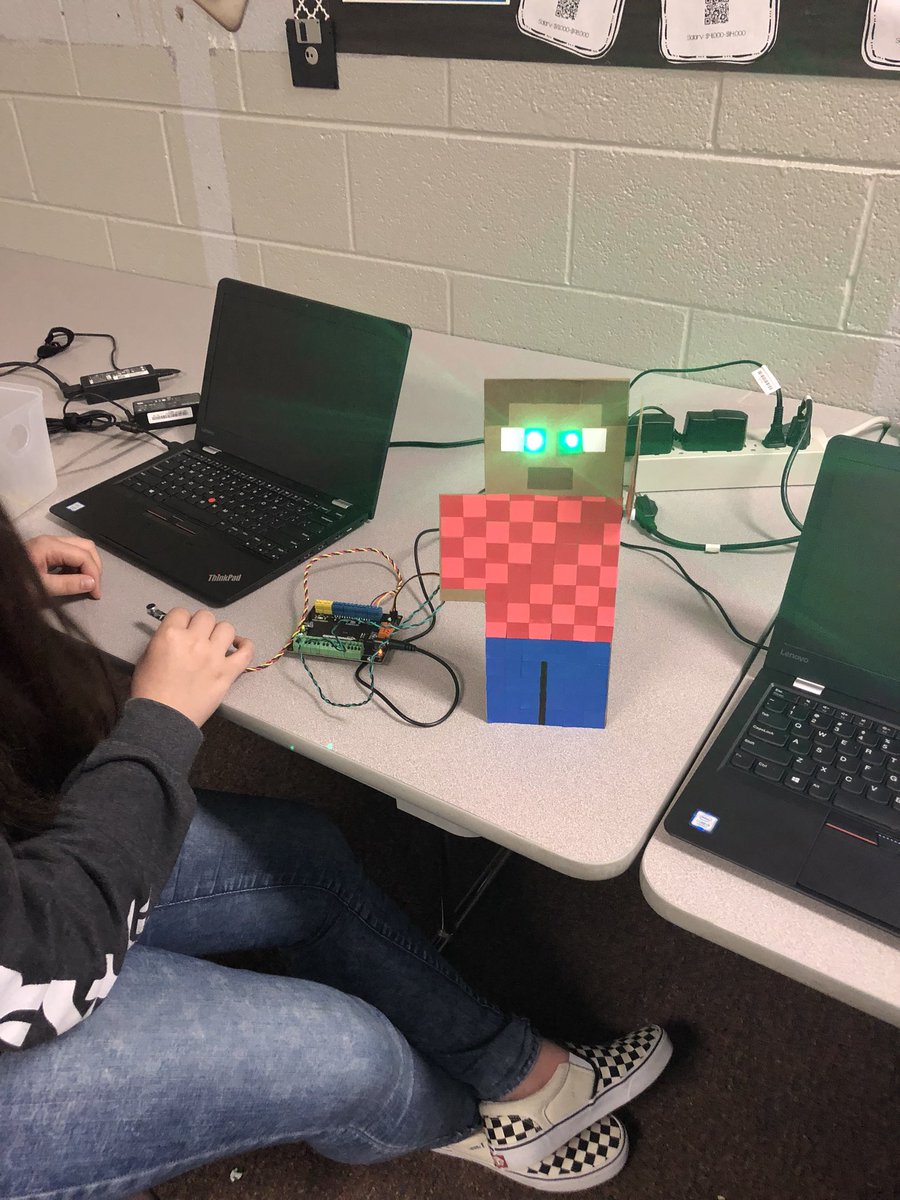 TibbsEAG's tweet photo. These Minecraft robots are seriously my favorite. They used the hummingbird duo kit and Sphero to make them work together. My #scigirlscode group rocks!!! @SciGirls #eagtech #rcslearning #girlswhocode #GirlsInSTEM https://t.co/hsEDcTmpO3