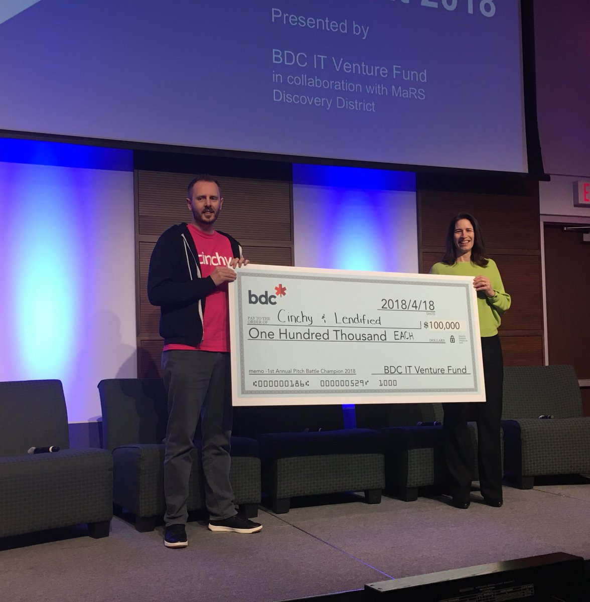 bmthom's tweet photo. And the winner is... @cinchy_co and @Lendified at the #BDCfintech Summit Pitch Battle #twowinners #startup #fintech https://t.co/o53bUsx67I
