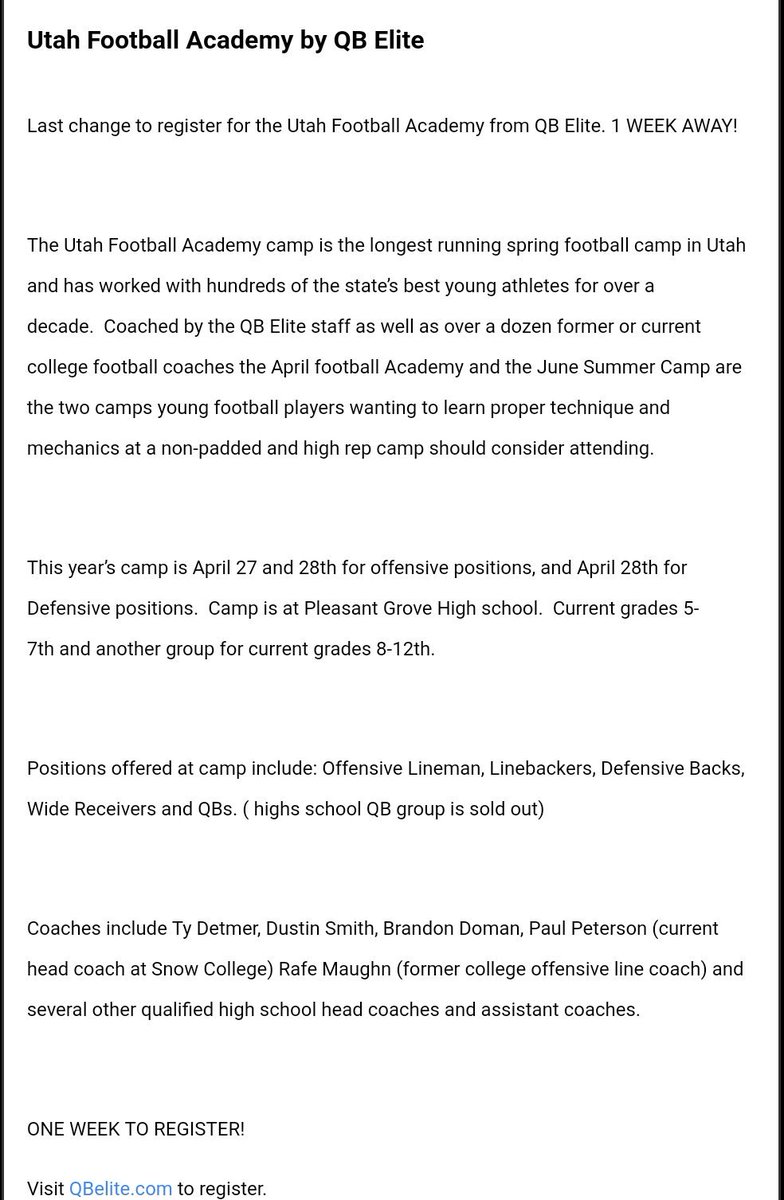 qbelite's tweet photo. Utah Football Players, registration closes soon. Camp is 9 days away. 
QBs, get your teammates and let's get after it. #becomeELITE 
https://t.co/3zguJZ94S8 https://t.co/IZIEV60FUG