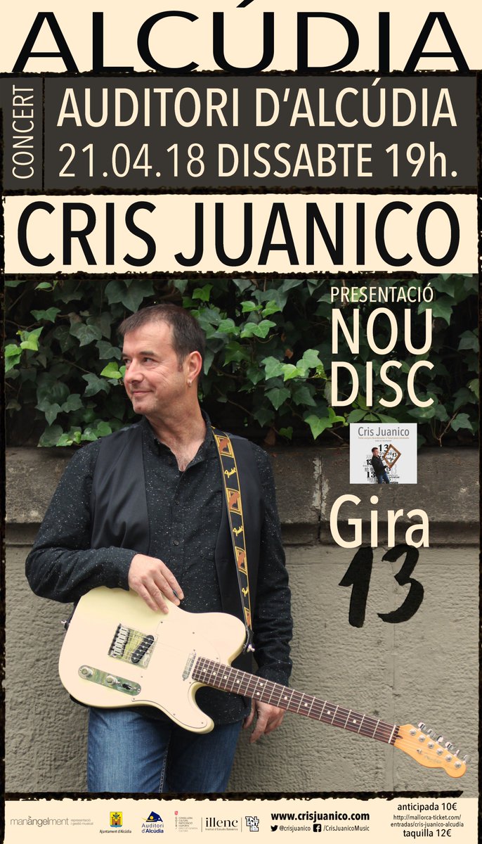crisjuanico's tweet photo. La #Gira13 arriba aquest dissabte a l'Auditori d'Alcúdia, hi ho fa en horari familiar, a les 19h. Ganes d'escoltar de nou cançons de sempre i les darreres en versió elèctrica? Idò allà serem donant-ho tot #TalentIB
Entrades https://t.co/LT5abXHdnt i a taquilla
@IEBalearics https://t.co/MmtyLeHM1A