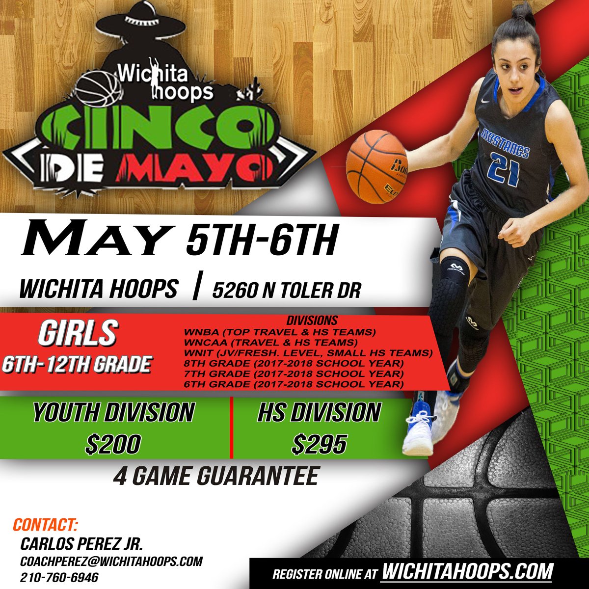 Wichitahoops's tweet photo. Wichita Hoops is hosting a Cinco De Mayo girls tournament at the facility on May 5th & 6th. Open for 6th-12th grade girls. 4 game guarantee! Register here! https://t.co/EEqMpirS97 #WichitaHoops https://t.co/qpsLCwM5lt