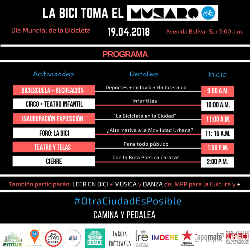 BiciCulturaVe's tweet photo. Diez organizaciones, asociaciones y grupos se unen para celebrar el #DíaMundialDeLaBici en el Museo de Arquitectura de Caracas. Ven y disfruta de actividades recreativas, concursos, música, danza, foros y mas #19Abril #30DíasEnBiciCCs / #30DEBCCS https://t.co/g8lv3Gsi9B https://t.co/lRFuFG9jYC