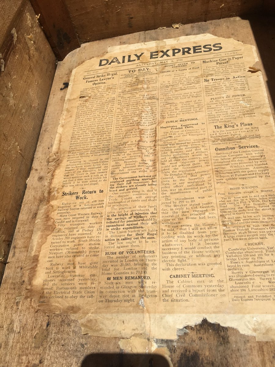 sourcegoose's tweet photo. A little bit of a history lesson in this old dome top pine trunk; a page from the Daily Express is lining the bottom, dated Saturday May 8 1926. I was able to sit outside in the glorious sunshine reading the news from that day. #victorianpine #oldtrunk #antiquepine #northdevon https://t.co/0J4rSrSo2b