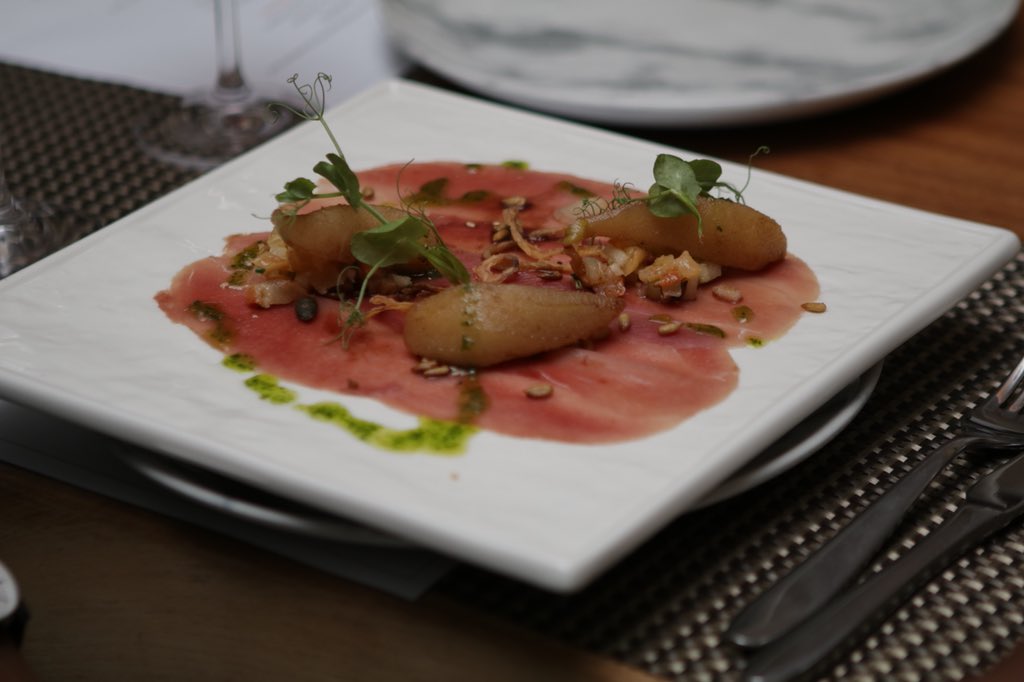 Seasoned_Africa's tweet photo. A little warthog and pear carpaccio next #SLLIFESTYLE #CafeDelSolChefsTable https://t.co/OSyFmHu2kl