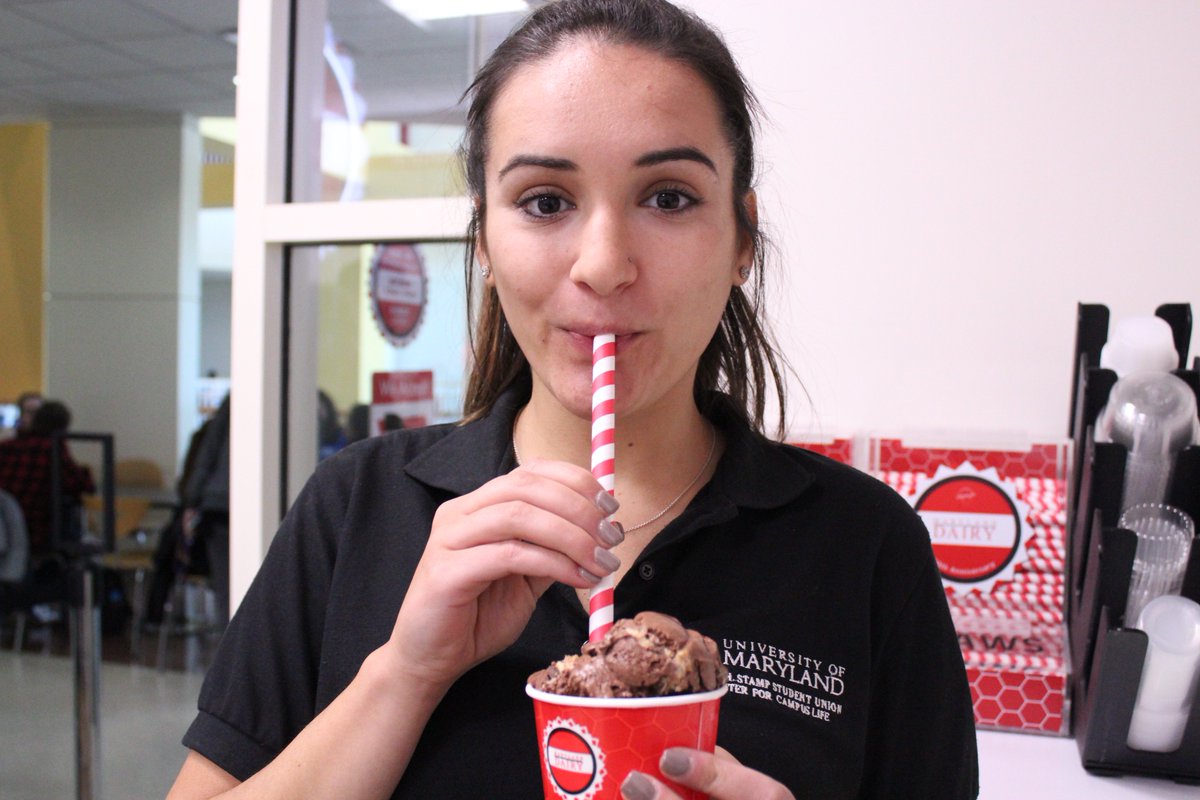 SustainableUMD's tweet photo. During the month of April, @UMDDAIRY is piloting #compostable paper straws! Next time you're at @thestampumd, show them your support! Thanks to @SOAlliance for raising awareness at #UMD about plastic pollution! https://t.co/AWh6QQSMlL #SustainableUMD #EarthMonthUMD https://t.co/UijSQOmjRm