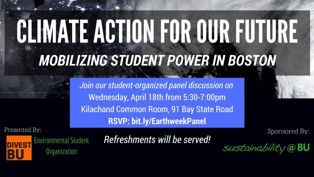 sustainableBU's tweet image. Come to Kilachand Hall TONIGHT for panel on local #climateaction &amp;amp; student power w/ an engaging discussion on the current approach to #climateclimate change mitigation in Boston. spr.ly/6014DwgPe