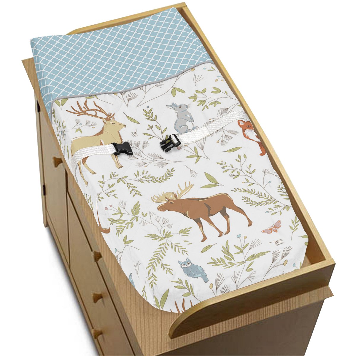 The Woodland Toile #ChangingPadCover by Sweet Jojo Designs will add an enchanting nature theme look to your nursery. See the complete collection at bit.ly/2I8eHvu #rusticbedding #intothewoods