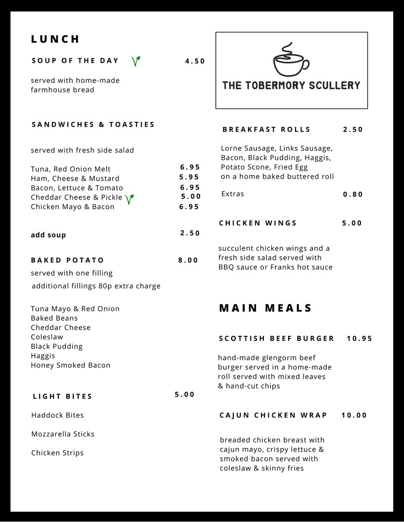 TobScullery's tweet photo. Mull Music Festival 2018! Check out our menus for this weekend! Open 9am-5pm Mon - Thurs, Open till 8pm Fri &amp; Sat for takeaways and Sunday 10am - 4pm. #mmf2018 #ScotSpirit #mmf #Mull #tobermory #tobermoryscullery #breakfast #lunch  #dinner #Takeaway #lateopenings #mullmusicfest https://t.co/rt69roCaw6