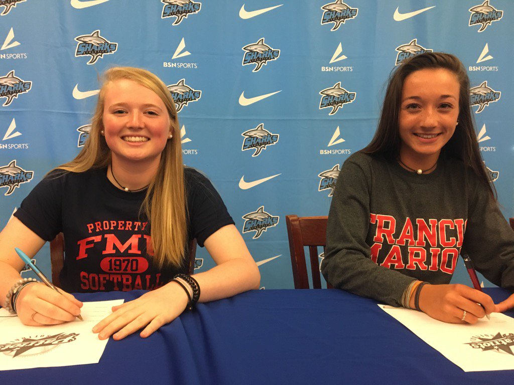 Two <a href="/SharksSB/">St. James Sharks SB</a> sign softball letters with Francis Marion