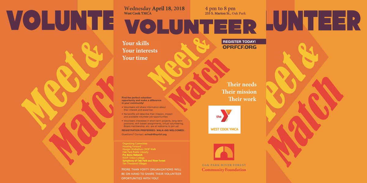 oprfcf's tweet photo. #oprfcf Stop by the Oak Park Y this afternoon between 4 and 8 pm for Volunteer Meet&Match. 48 organizations with hundreds of volunteer opportunities for you to consider. Free admission. https://t.co/lXQAaJU1nr