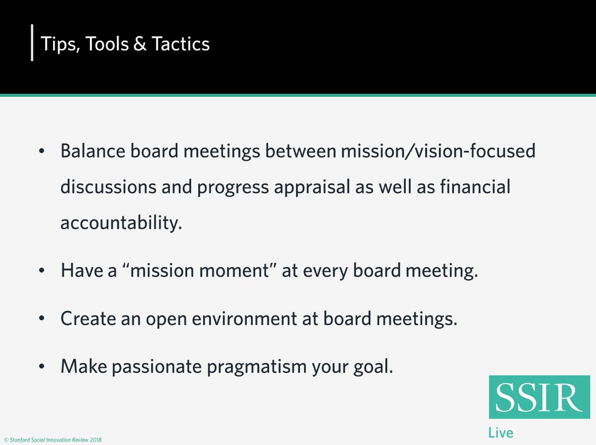SSIReview's tweet photo. Board meeting engagement Tips, Tools & Tactics: Balance meeting between mission/vision discussions, include a “mission moment”, foster an open environment, and make passionate pragmatism your goal. #SSIRLive #CriticalFunctions #BoardEngagement @dheyman @sprink7 https://t.co/BWs2RWJs7Z
