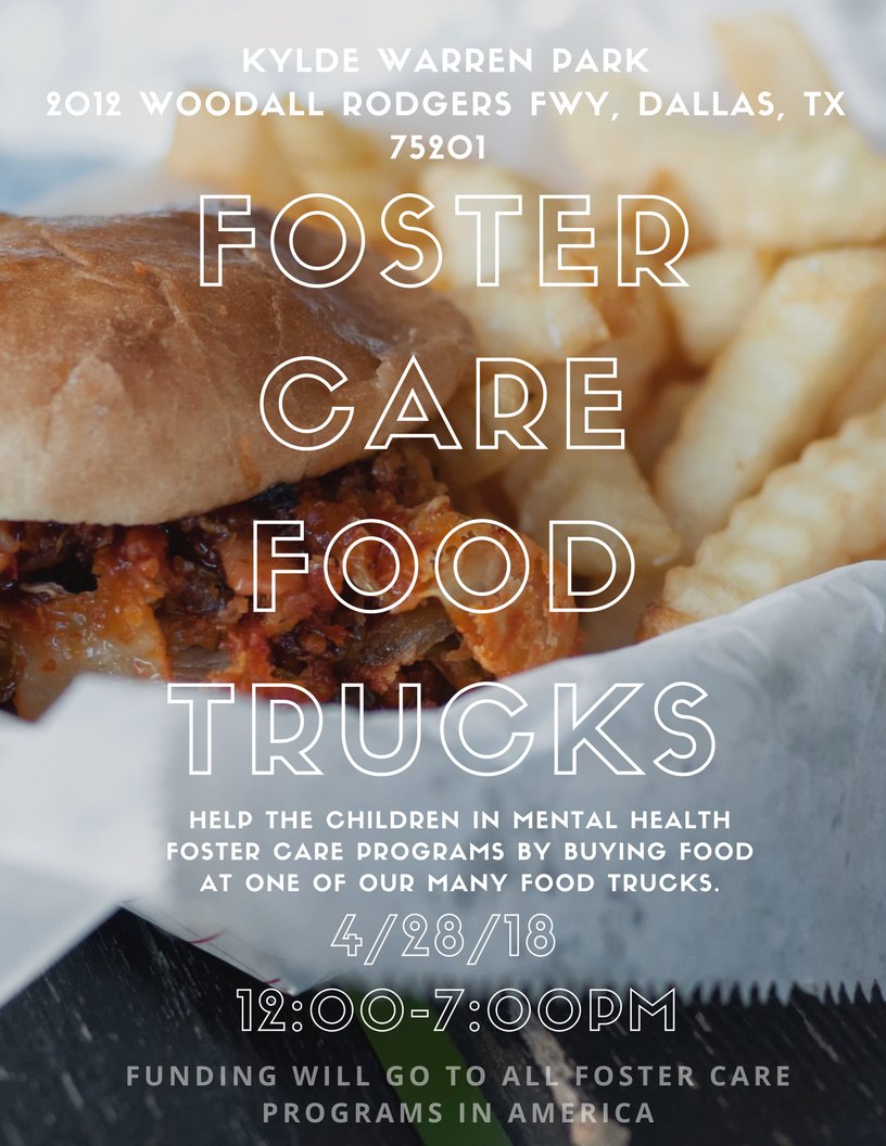 WEwillchangeFCS's tweet image. Come to the FOSTER CARE FOOD TRUCKS! It's on Saturday the 28th, 2018 (4/28/18), from 12:00 pm to 7:00 pm. It's at Klyde Warren Park 2012 Woodall Rodgers Fwy, Dallas, TX 75201. Join and support @WEwillchangeFCS  #makeadifference #fostercare @AdoptUSKids @RhodesCourter