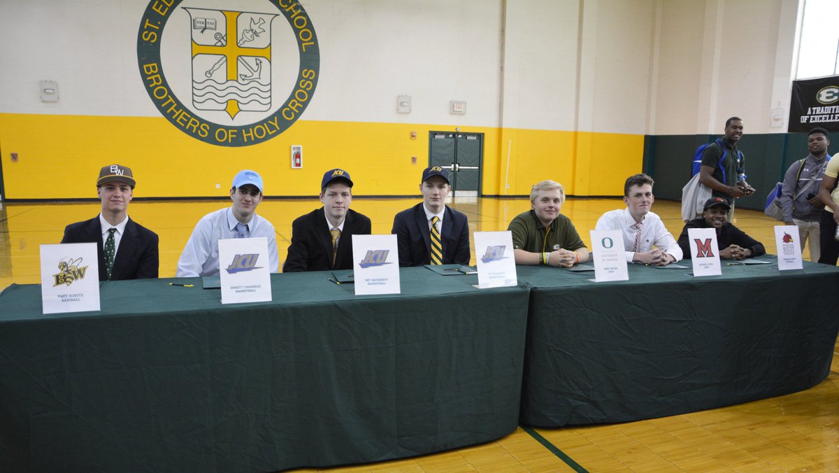 Congratulations to seniors Matt Schutz, Emmett Chambers, Pat Daugherty, PJ Flannery, Niko Grivas, Michael O'Neil and Richard White who officially signed this afternoon to play collegiate sports after graduation! #wearesteds #sehs #withallyourheart