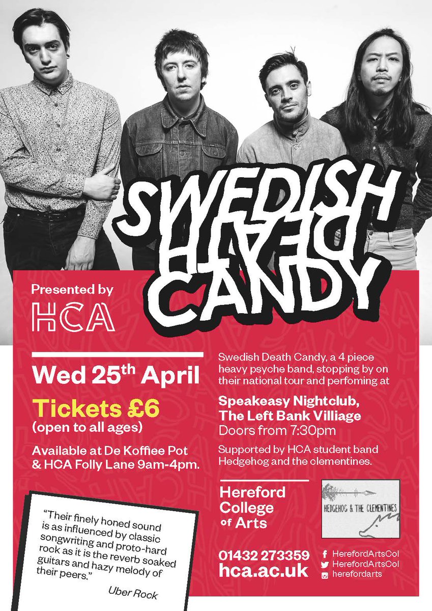 Hereford Art College (@herefordartscol) on Twitter photo Fancy a night of heavy psych? We thought you would, so we've set it all up for you, #WorcestershireHour. Come and see four-piece Swedish Death Candy, supported by #HCA student band Hedgehog and the Clementines on Weds 25th April at <a href="/HfdSpeakeasy/">The Speakeasy Bar</a> Tix £6 from #HCA or <a href="/Dekoffiepot/">De Koffiepot</a> Fancy a night of heavy psych? We thought you would, so we've set it all up for you, #WorcestershireHour. Come and see four-piece Swedish Death Candy, supported by #HCA student band Hedgehog and the Clementines on Weds 25th April at <a href="/HfdSpeakeasy/">The Speakeasy Bar</a> Tix £6 from #HCA or <a href="/Dekoffiepot/">De Koffiepot</a>