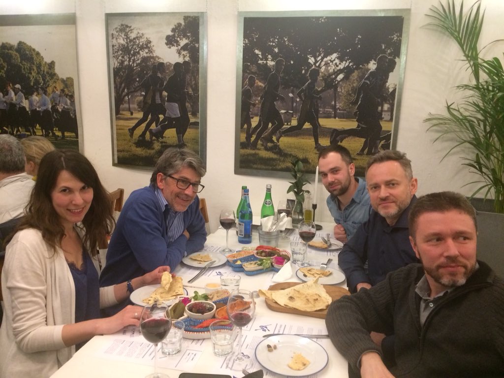 FredLamaty's tweet photo. In the lively neighborhood of Kazimierz #Krakow Great food and company with @marcin_drop @medchem9 @GillesSubra  and Kasia 😀 https://t.co/lUti0gpkIf