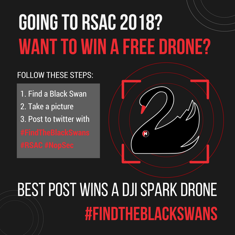 nopsec's tweet photo. Are you at #RSAC2018 ? Join @nopsec and win a drone! Here are 3 simple steps you might want to follow ;) #FindTheBlackSwans #RSAC #NopSec C'mon and join us! Free coffees are available at our Black Swan Van! https://t.co/K5YhWiEx29