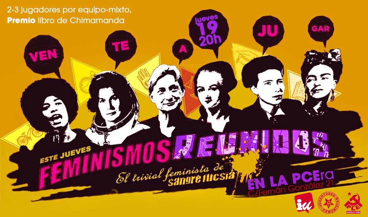 PCE_Burgos's tweet photo. Vente mañana a las 20h a jugar #FeminismosReunidos en la PCEra por equipos ¿,Crees que sabes de feminismo? https://t.co/6WNbmL2yEI
