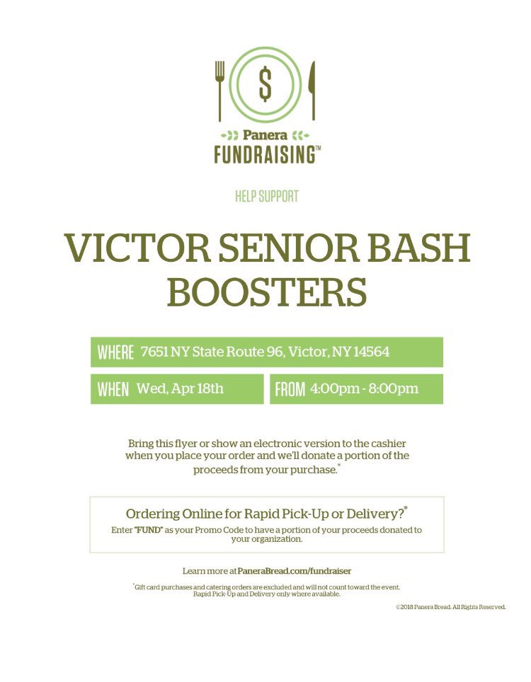 VCSClassOf2018's tweet image. Come by Panera Bread today between 4pm-8pm to support Victor Senior Bash! #Classof2018