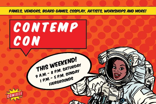 OKContemporary's tweet photo. Check out #ContempCon's full vendor list (https://t.co/mh8xPufbEo) and schedule (https://t.co/onTPqulVxn). And join us for the FREE con, #COMIXOK and all the fun this weekend. https://t.co/QLifKwPP46