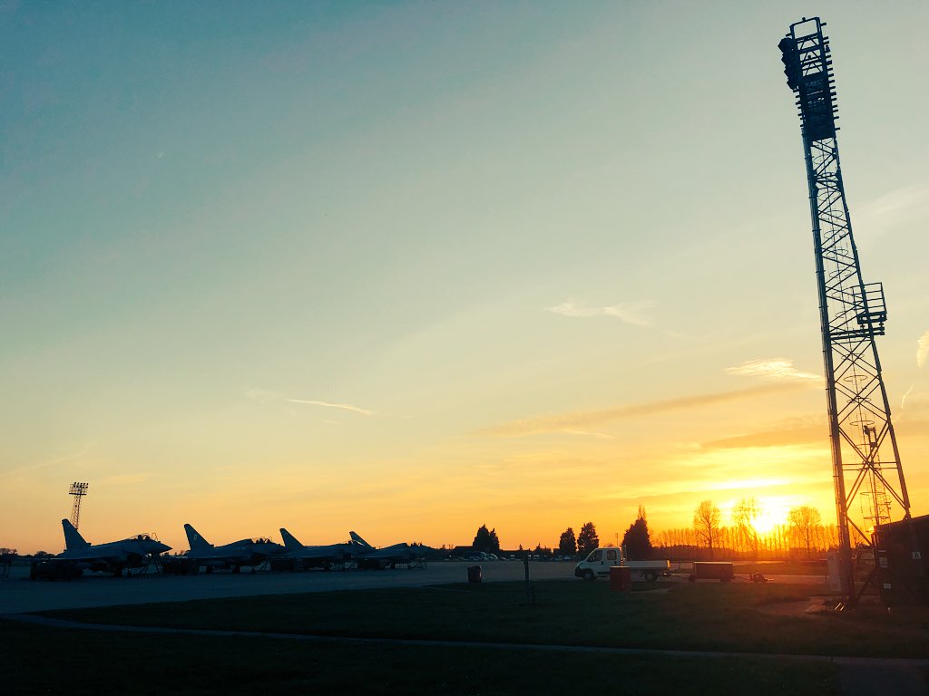 RAFTyphoonTeam's tweet photo. The sun goes down in Fighter Town! Beautiful day @RAFCGY featuring @TyphoonDisplay , 29 Sqn Typhoons &amp; the stunning Lancaster, Dakota and Hurricane of @RAFBBMF ✈️🌅🙌🏼
#29Line #Coningsby #Typhoon #BBMF https://t.co/VooiaRFtxg