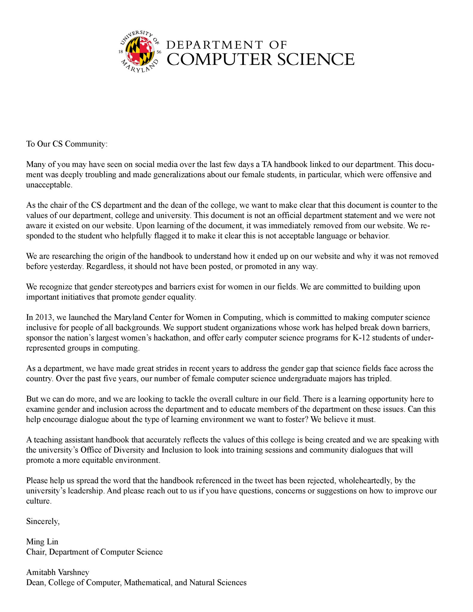 UMD CS Department On Twitter Here Is A Letter From umdcs Chair Ming 