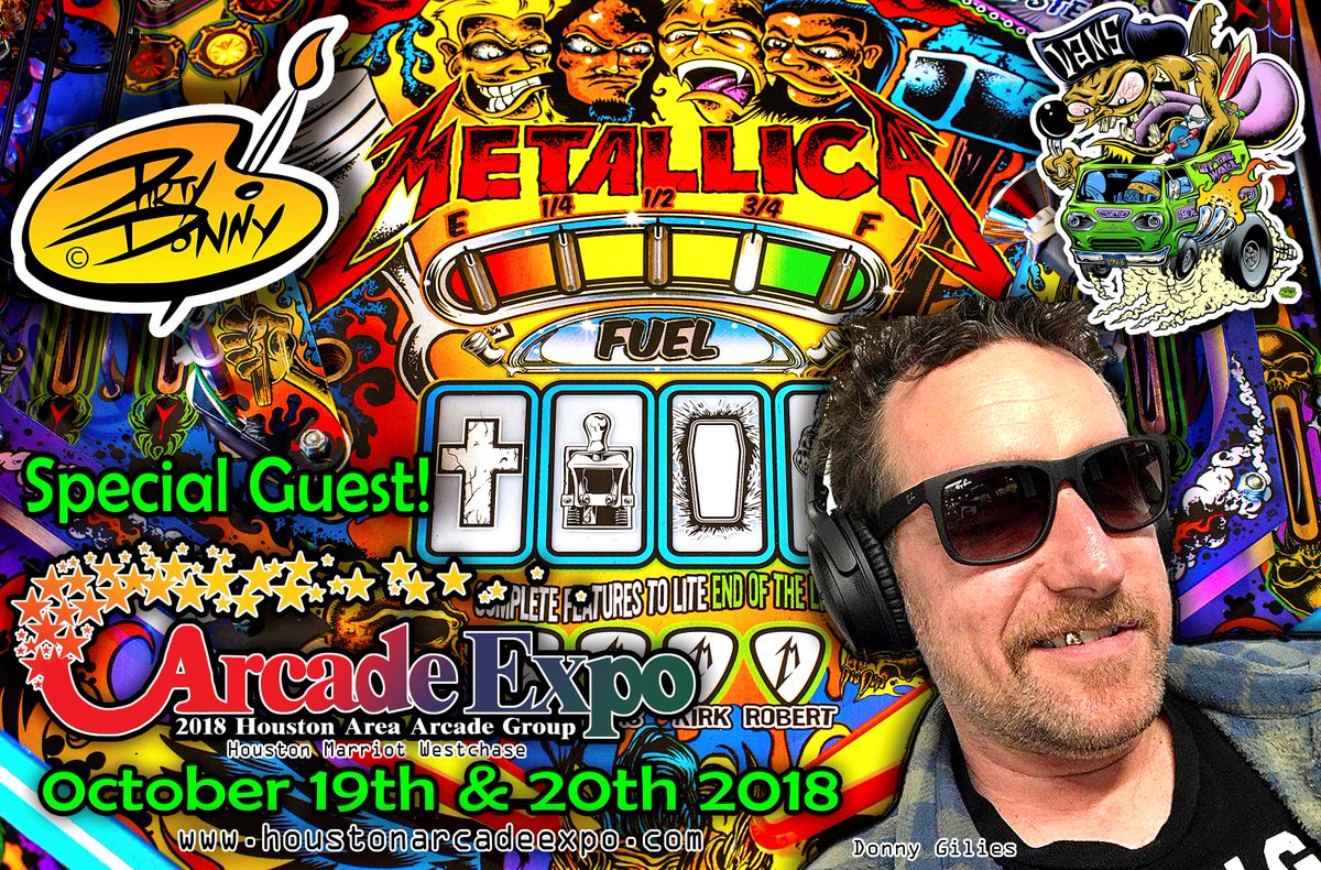 HouArcadeExpo's tweet photo. Famed artist Dirty Donny Gillies who did the killer work on Metallica, Can Crusher and Aerosmith pinballs will join us with his booth stocked with some of his original art work, books and prints! will also film the show for his channel DonnyTV and spin some of his favorites! https://t.co/xjRWcfUNeN